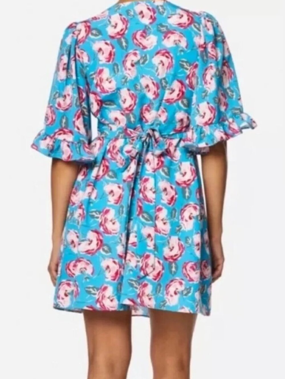 Betsey Johnson Size 12 V-Neck Bell Sleeve Floral Short Dress Island Blue - Picture 8 of 8